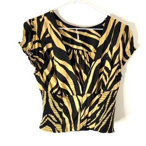 Free People Sand Black Zebra Print Cropped Plunge V Blouse Smocked Sides